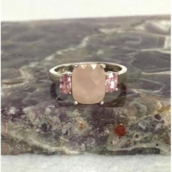 Sterling Silver 925 Thailand Faceted Prong Set Rose Quartz Pink CZ Ring Sz 5.75 - Picture 2 of 16